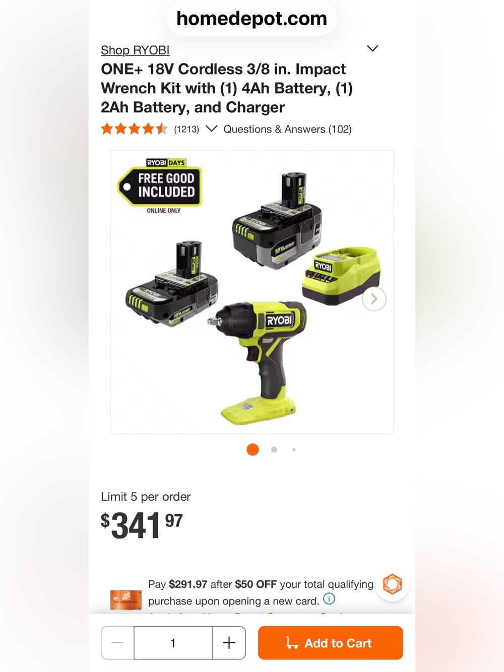 Ryobi ONE+ 18V Cordless 3/8 in. Impact Wrench Kit with (1) 4Ah Battery, (1) 2Ah